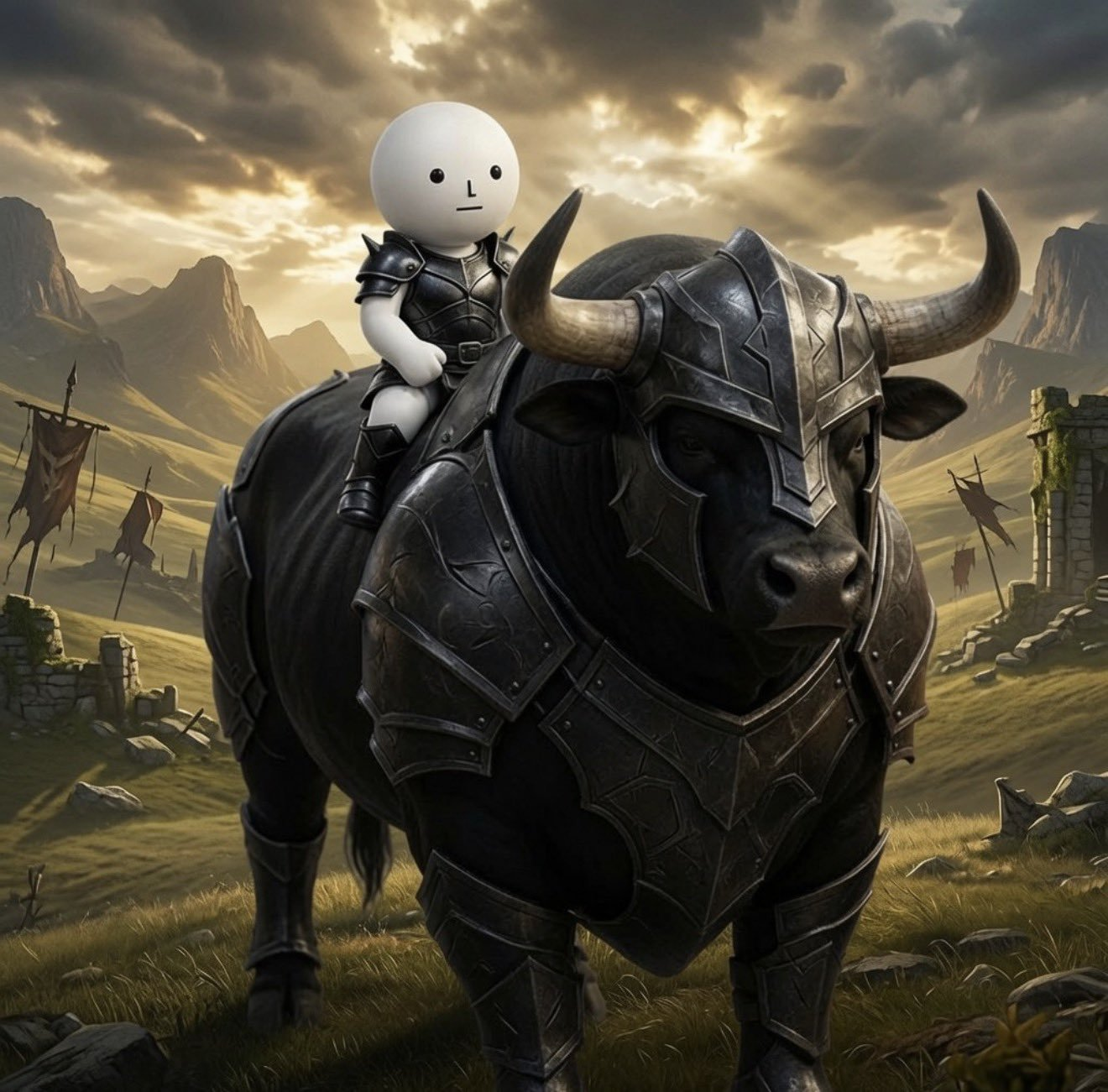 MANLET mascot riding an armored bull